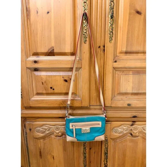 Tignanello Turquoise & Beige Pebbled Leather Convertible Bag w Front Pocket Adj - Picture 2 of 13